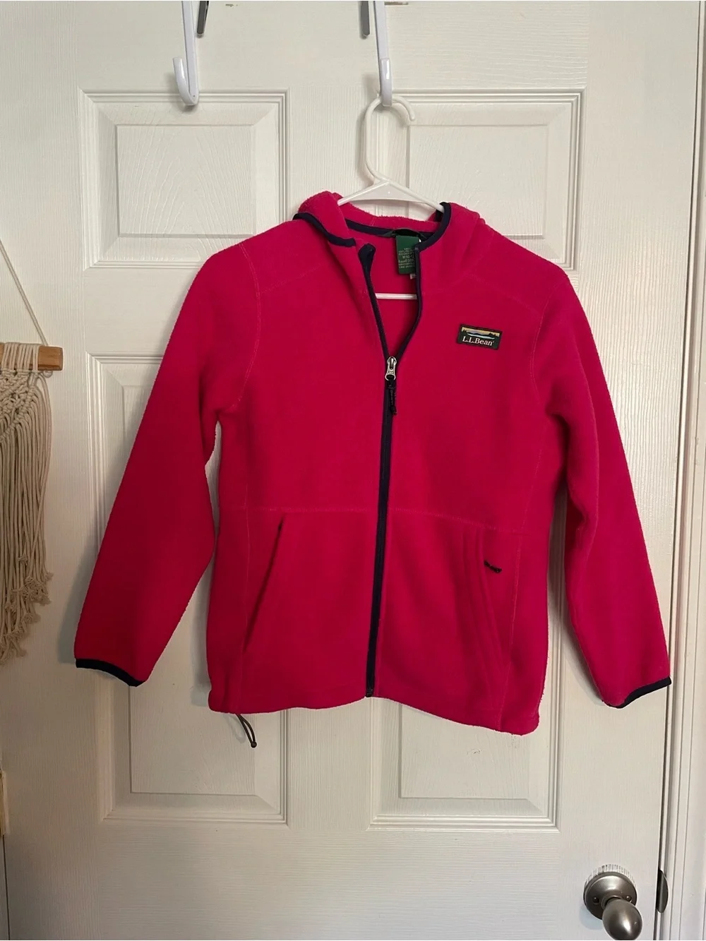 L.L. Bean Girls size Medium 10-12 Bright Pink Fleece Hoodie with Navy Trim